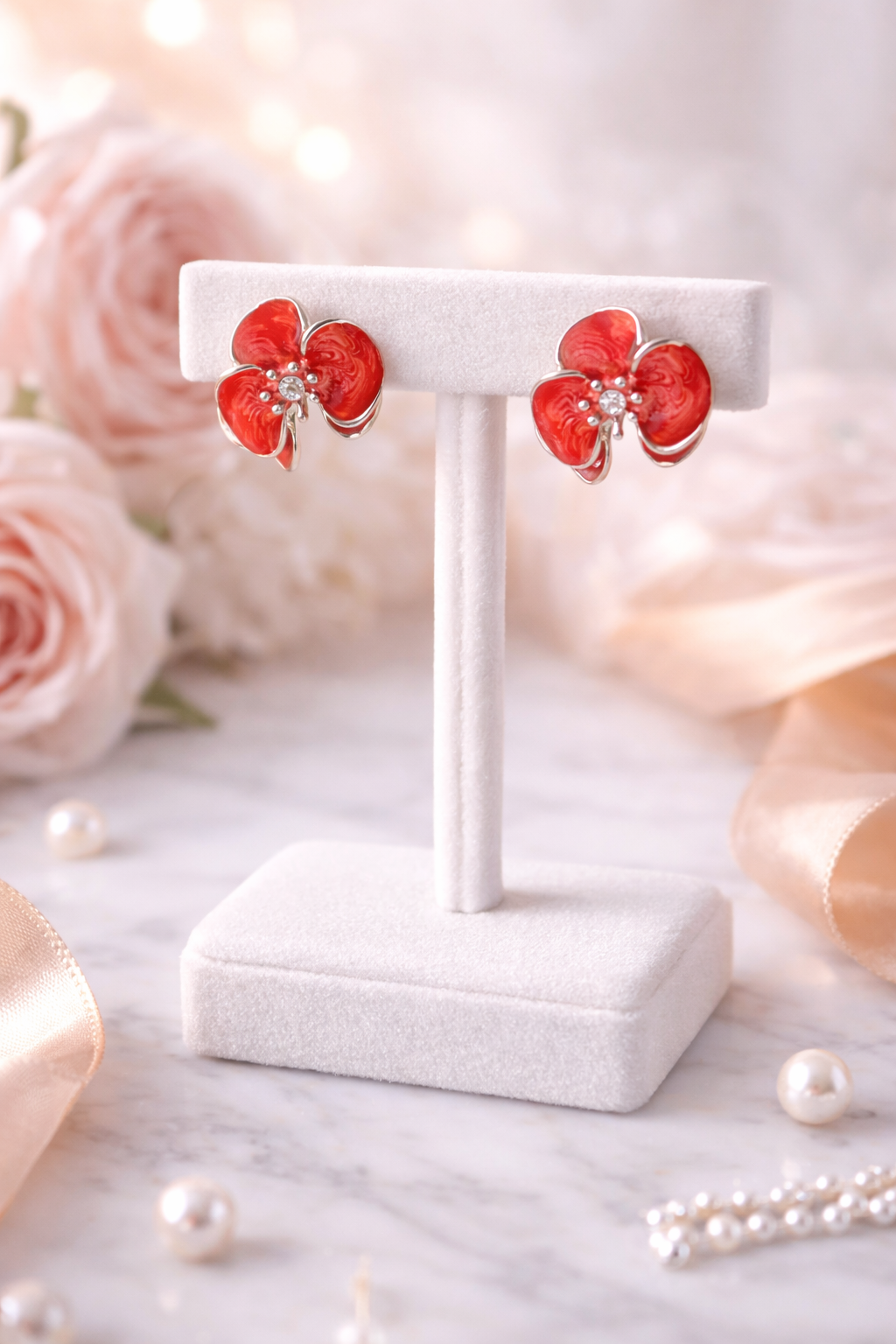 Red Enamel Floral Stud Earrings