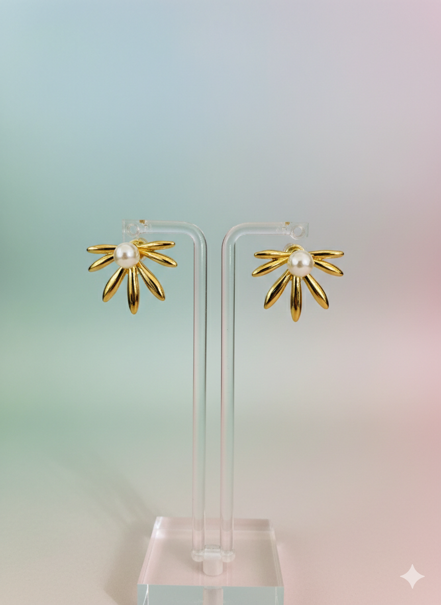 Golden Daisy Pearl Stud Earrings