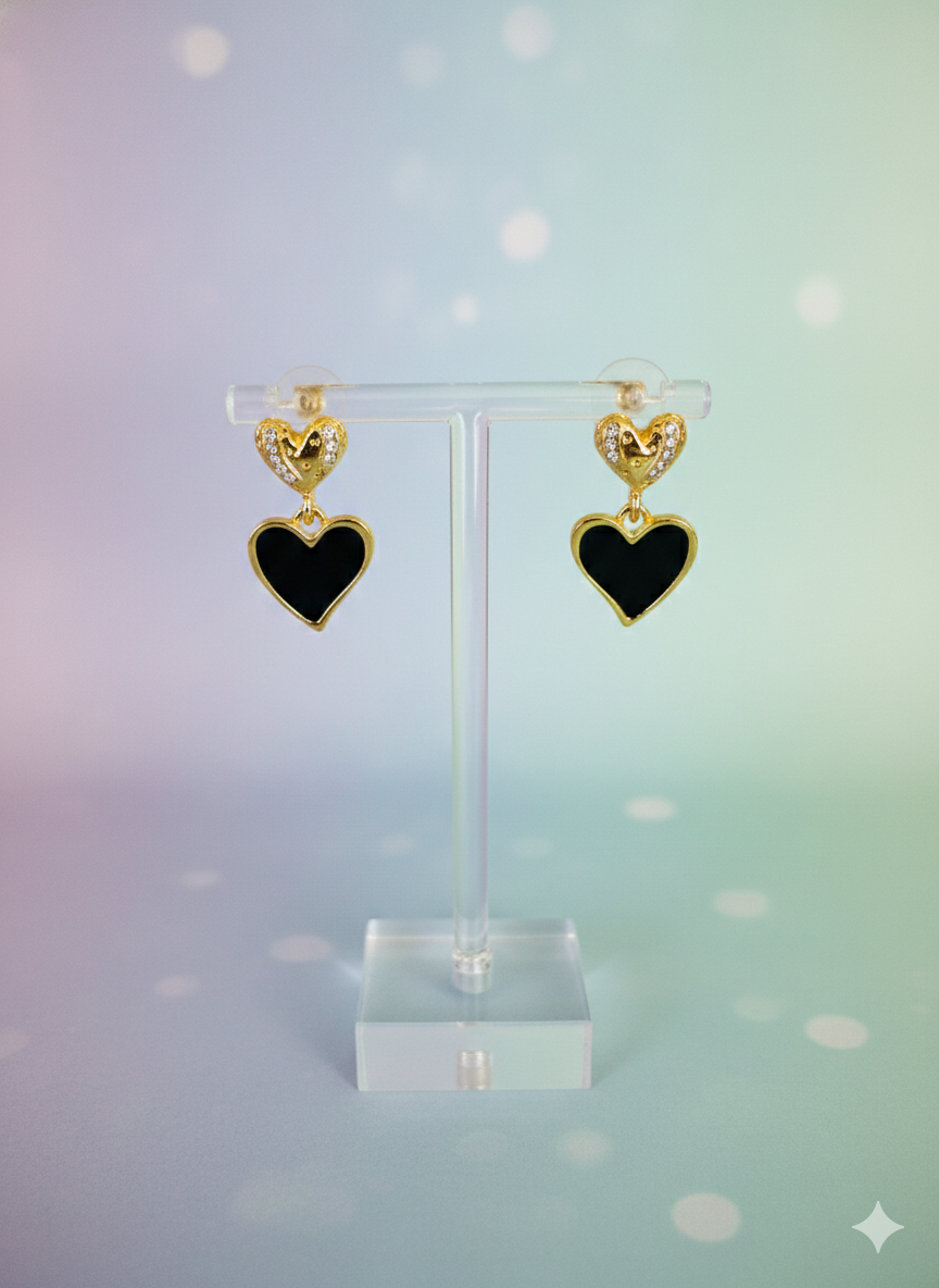 Black Heart Drop Earrings with Crystal Gold Stud