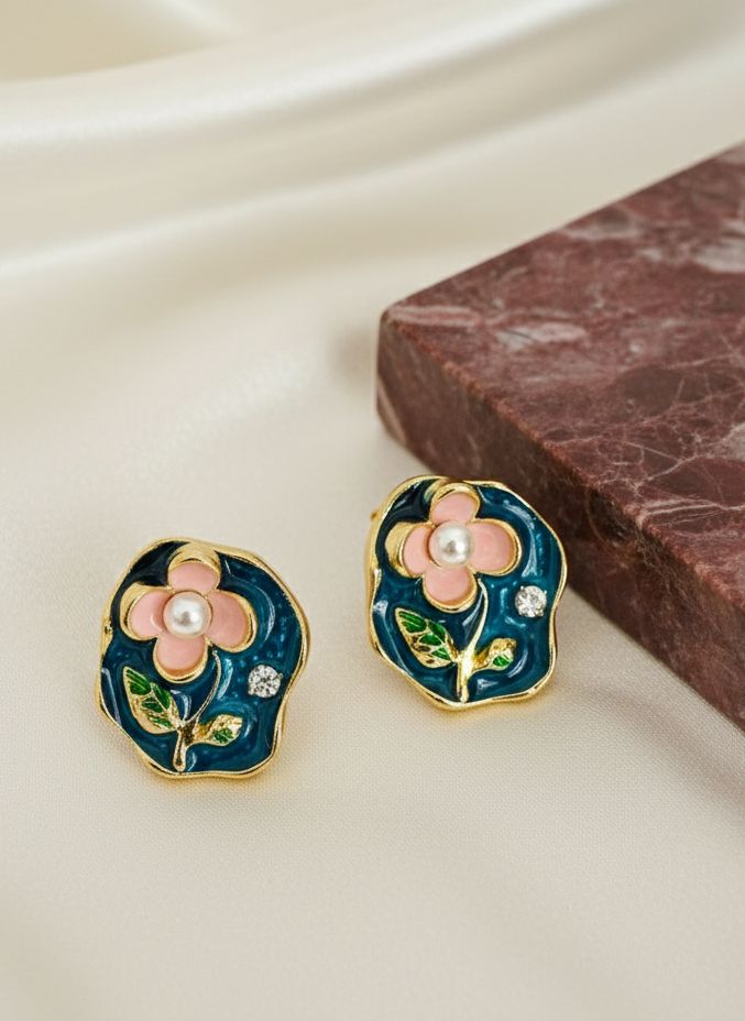 Midnight Garden Enamel & Pearl Blossom Studs