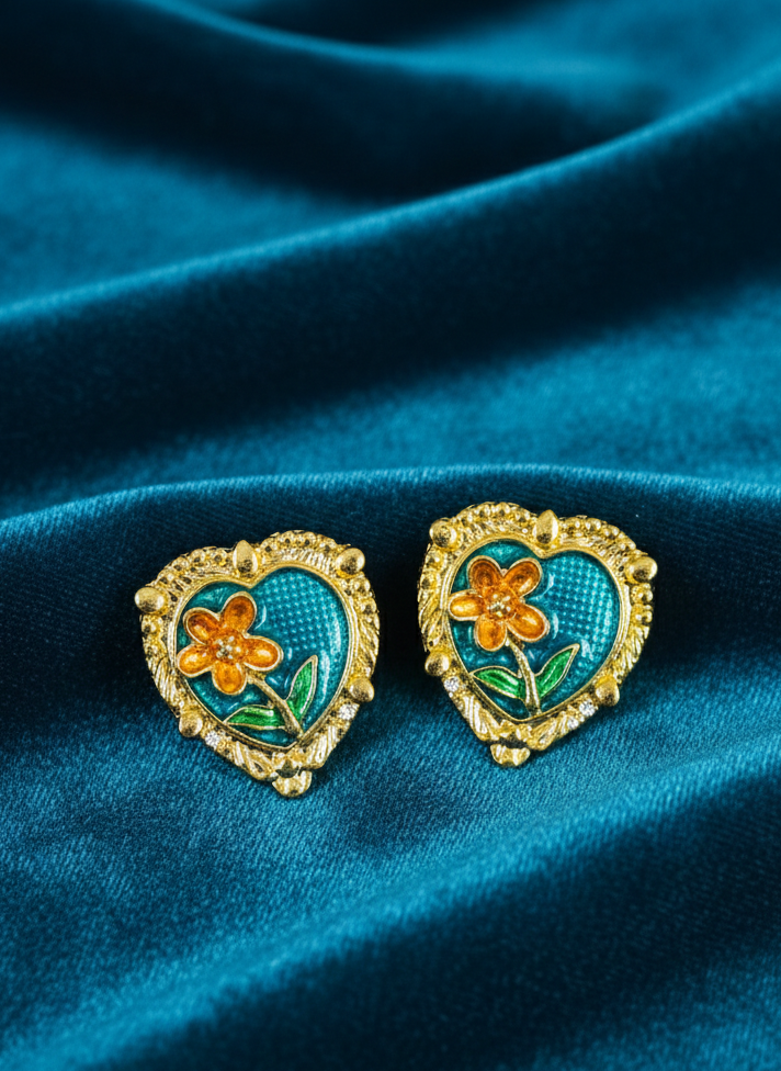 Vintage Enamel Flower Heart Studs