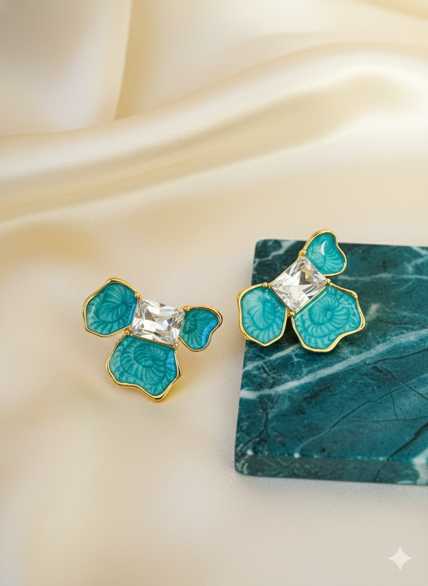 Teal Enamel Floral Crystal Studs