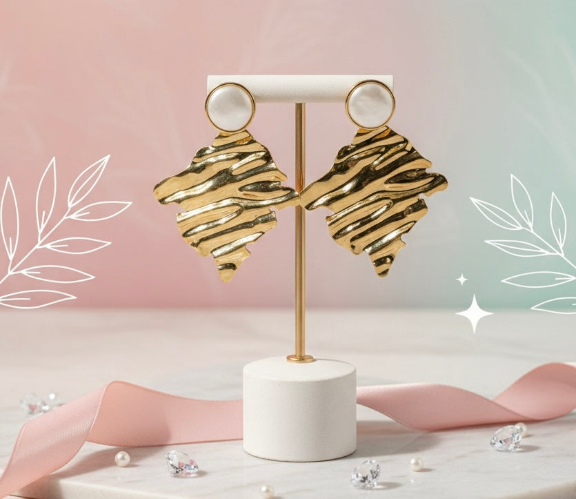 Hammered Gold & Pearl Drop Earrings