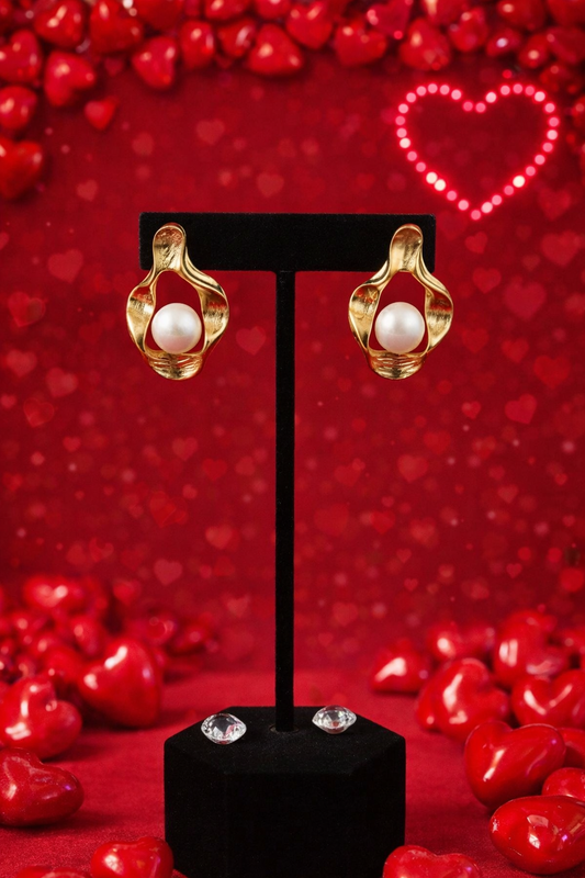 Golden Heart Pearl Drop Stud Earrings