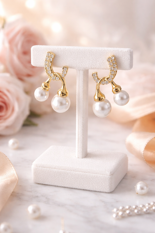 Crystal Arc Pearl Drop Stud Earrings