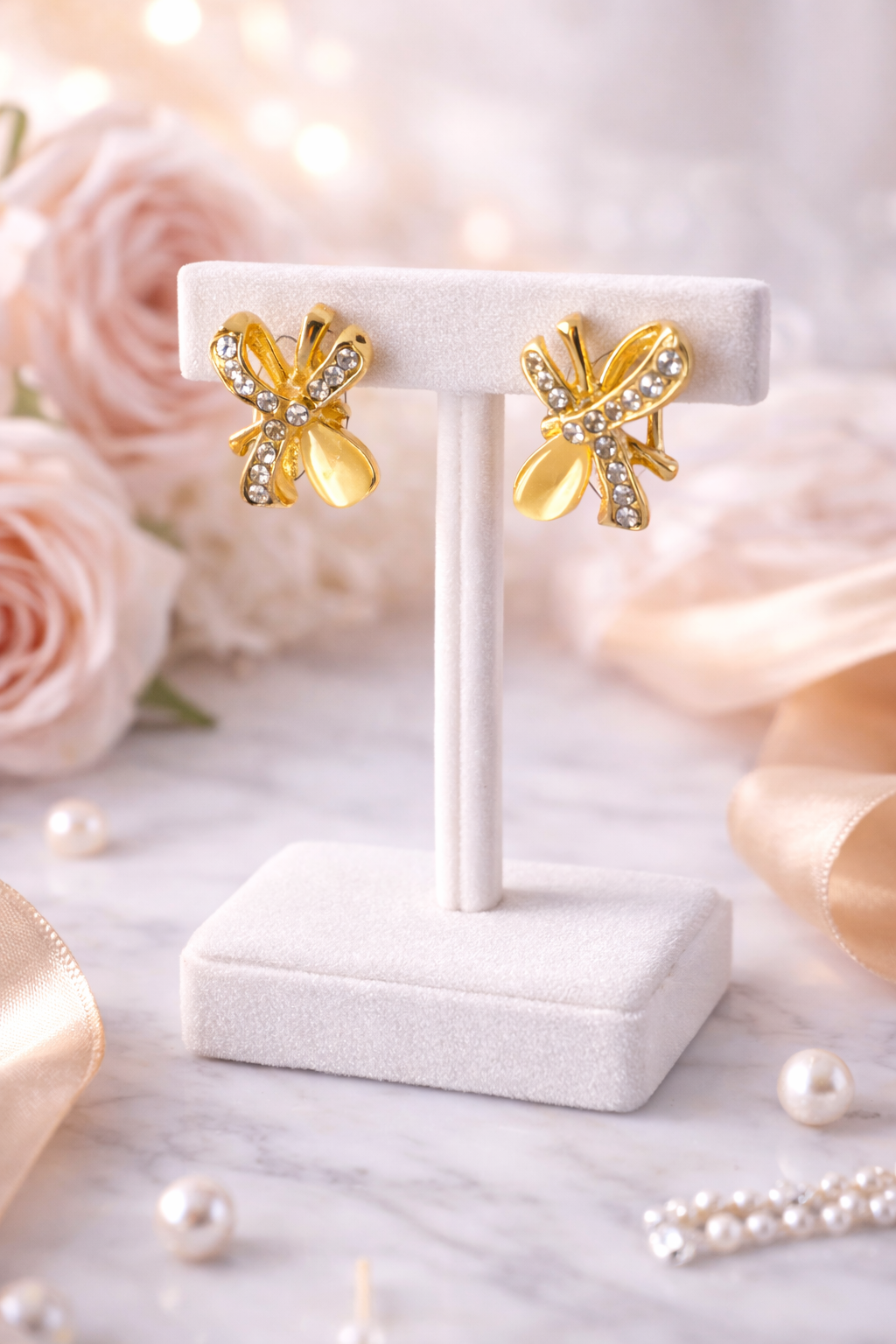Crystal Bow Knot Gold Stud Earrings