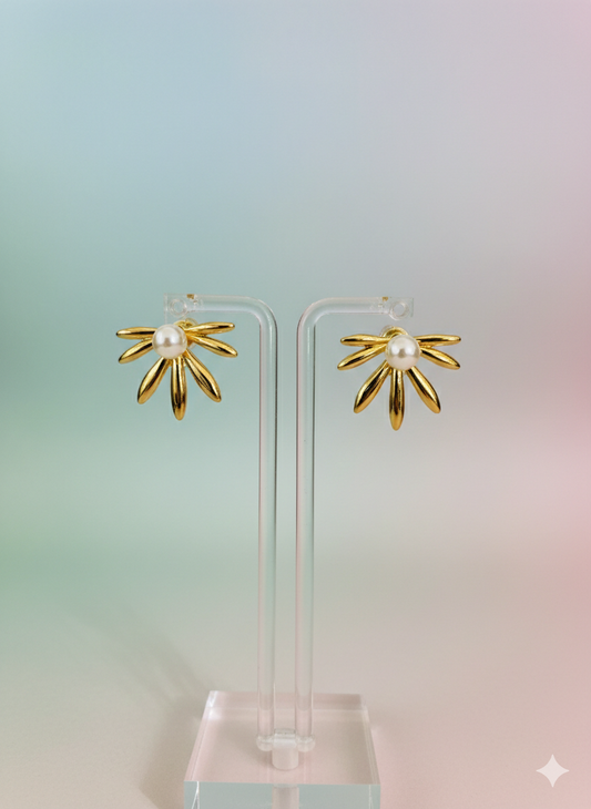Golden Daisy Pearl Stud Earrings