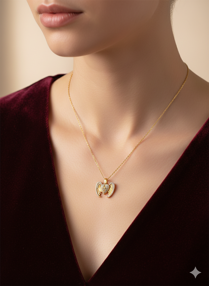 Golden Winged Heart Pendant Necklace