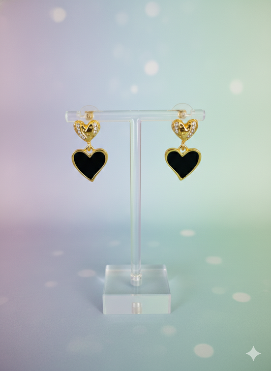 Black Heart Drop Earrings with Crystal Gold Stud