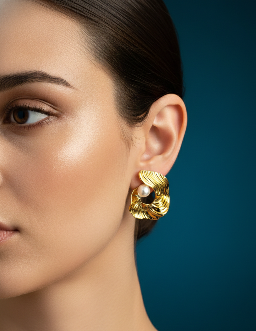 Golden Pearl Drop Studs