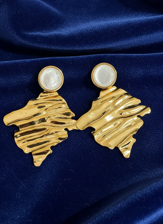 Hammered Gold & Pearl Drop Earrings