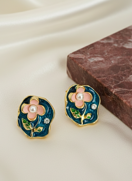Midnight Garden Enamel & Pearl Blossom Studs