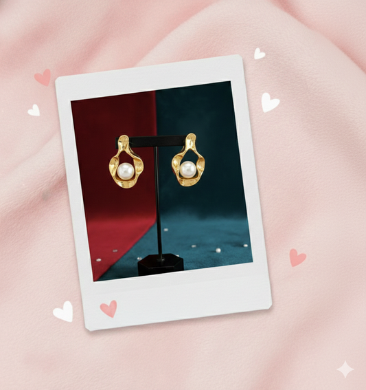 Golden Heart Pearl Drop Stud Earrings