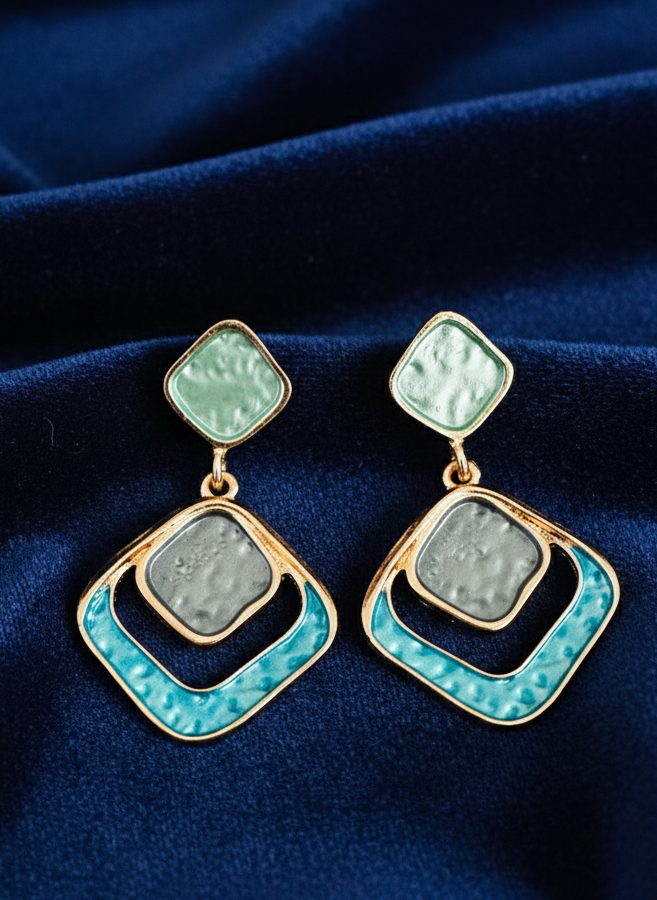 Gold & Teal Geometric Textured Earrings