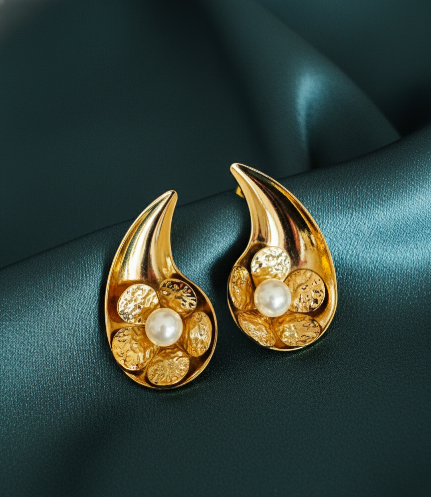 Golden Pearl Petal Drop Earrings