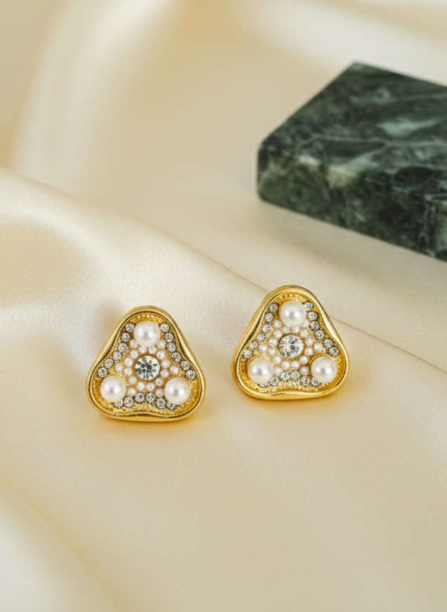 Vintage Gold Pearl Triangle Studs