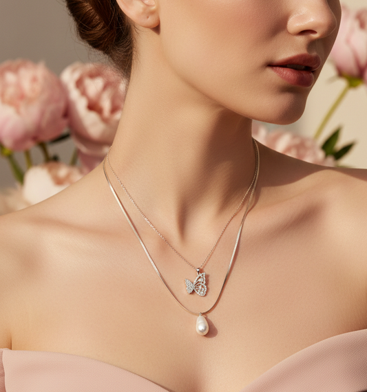 Butterfly Pearl Double Layered Pendant Necklace
