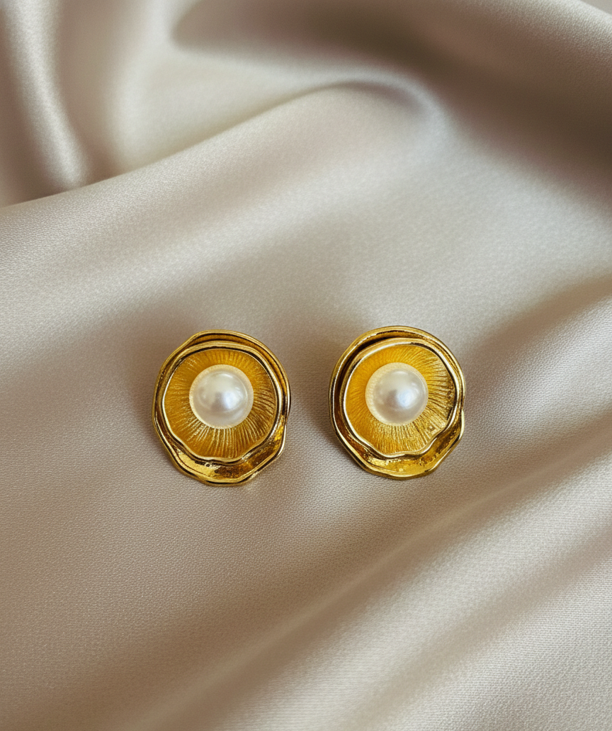 Golden Sunburst Pearl Stud Earrings
