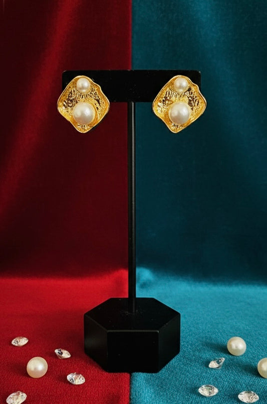 Golden Pearl Square Stud Earrings