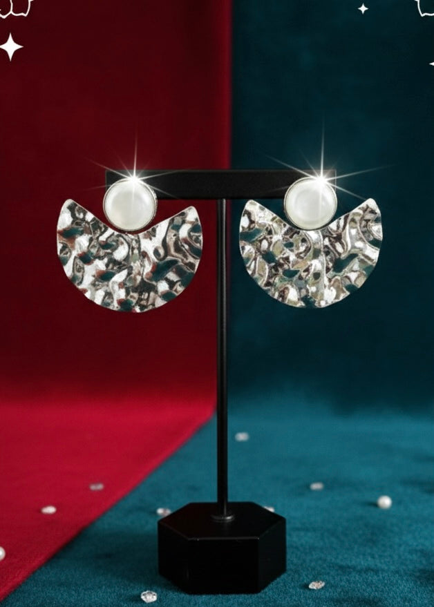 Silver Hammered Half-Moon Pearl Earrings